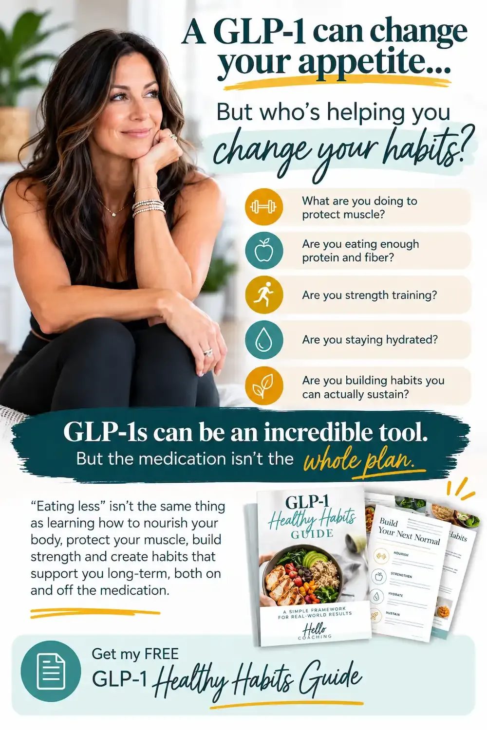 Promotional graphic with a smiling woman seated by a window, text about GLP-1 habits and a free healthy habits guide.