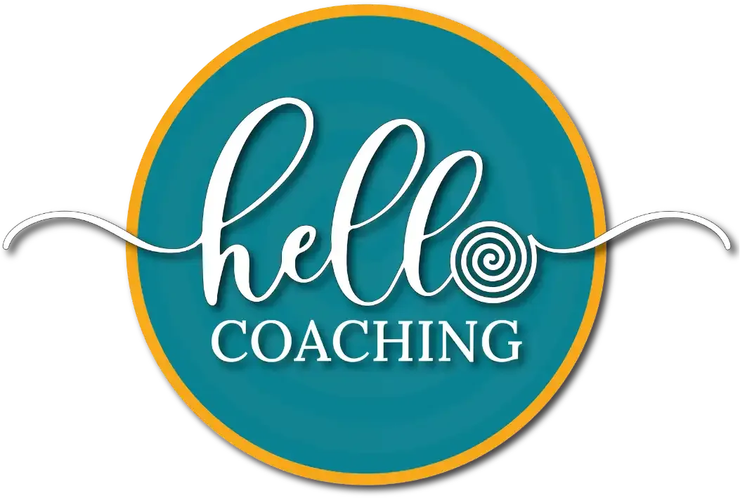 Teal circular logo with gold rim reading "hello" in white script and "COACHING" below, with a swirl.